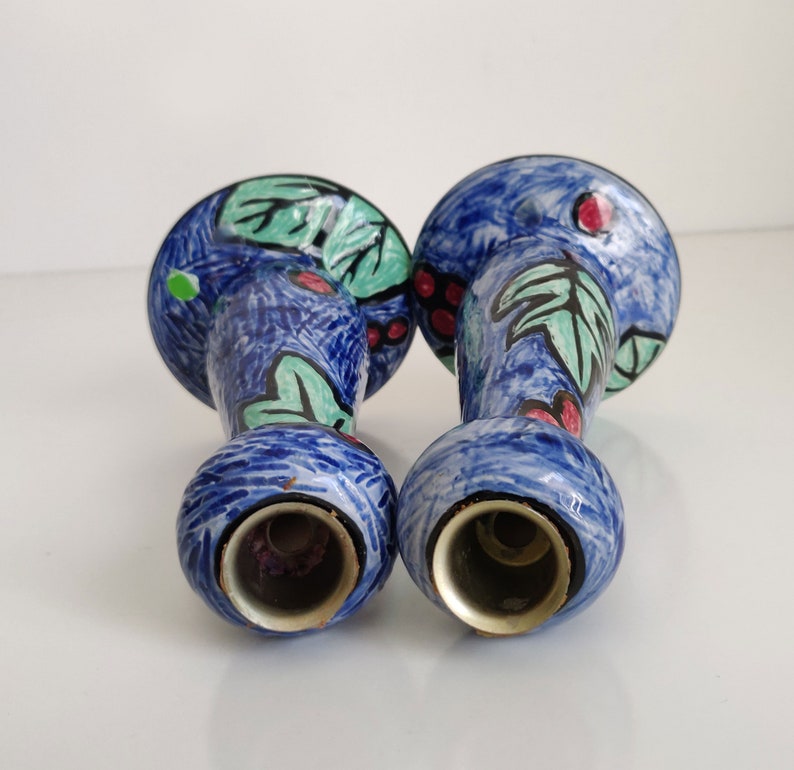 Evandale Stoneware Candlesticks, handpainted blue candle holders with leaves and berries image 6