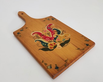 1979 Hand Painted Wooden Cutting Board with Rosmaling style folk painting