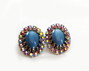 Vintage Rhinestone Earrings, blue and aurora borealis stones