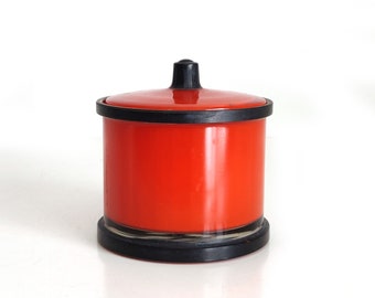Orange - Red Glass Jar with Lid, black accents, vintage glass storage container