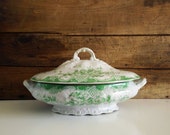 Antique shabby Green Transferware Tureen