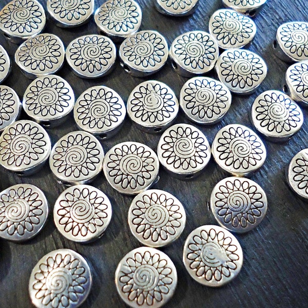 Flat Round Silver Spacer Beads, Accent Beads, Center Drilled, Flower Detail, 8mm