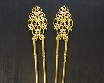 Ornate Metal Hair Sticks, Gold, Filigree U-Shape Hair Pick, Hair Fork, Bun Holder, 6.5" Long