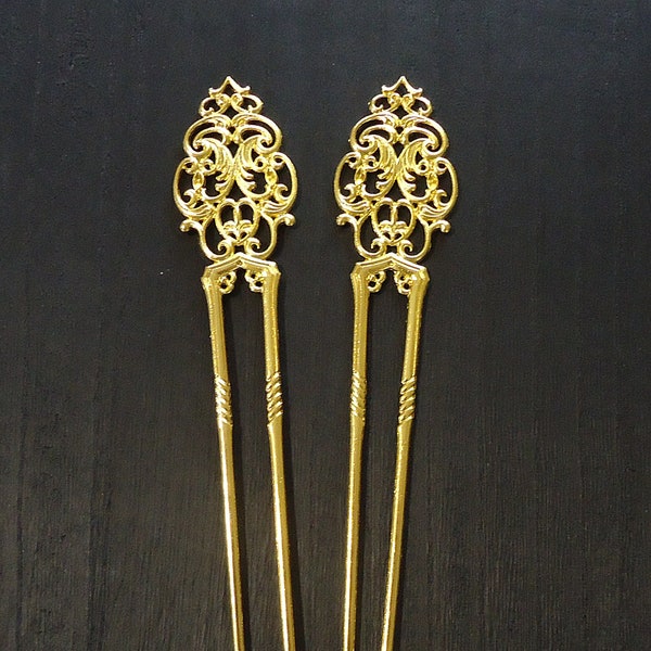 Ornate Metal Hair Sticks, Gold, Filigree U-Shape Hair Pick, Hair Fork, Bun Holder, 6.5" Long