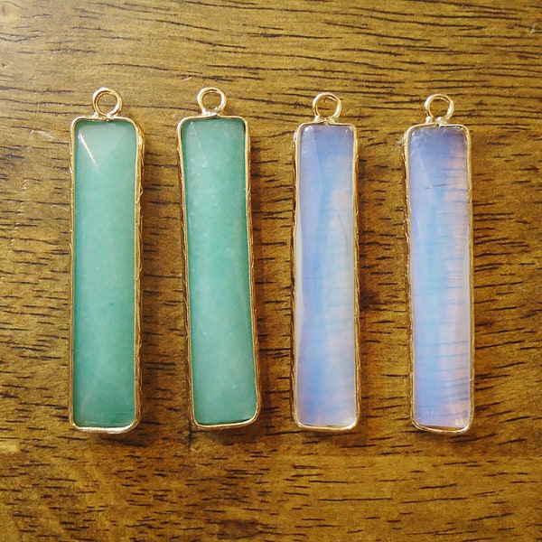 Amazonite and Opalite Pendants, Bar Rectangles with Golden Brass Bezels, 1-5/8" Long
