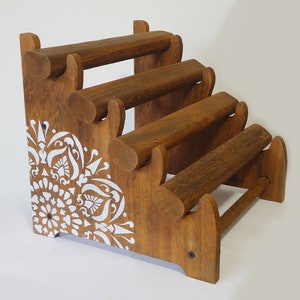 4 Tier Wooden Bracelet Display / Organizer, Brown & Weathered Brown, Removable Oval Bars, Plain or Hand-Painted Mandala, 11" High x 11" Wide
