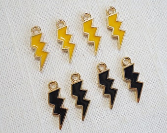 Small Lightning Bolt Charms, Black, Yellow, Red, Gold Plated, Set of 10