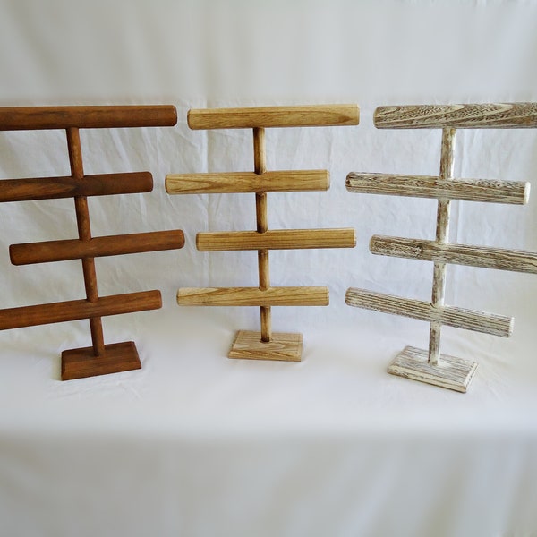 4 Tier Staggered T-Bar Bracelet/Necklace Display, Wooden, 17" Tall, Natural, Brown, Antique White Finish