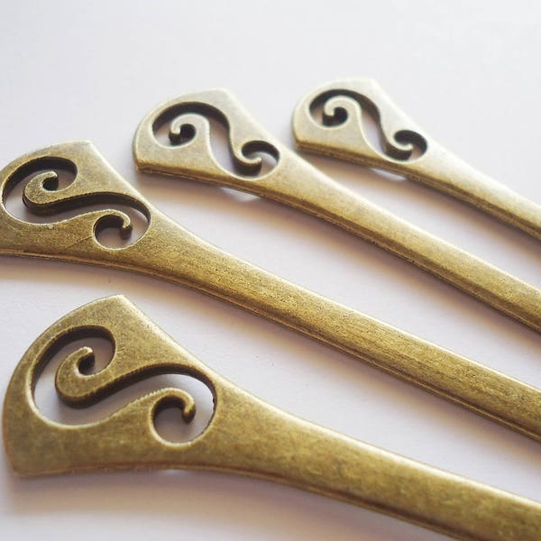 Metal Hair Sticks, 5" Long, Simple Swirl Design, Antique Bronze