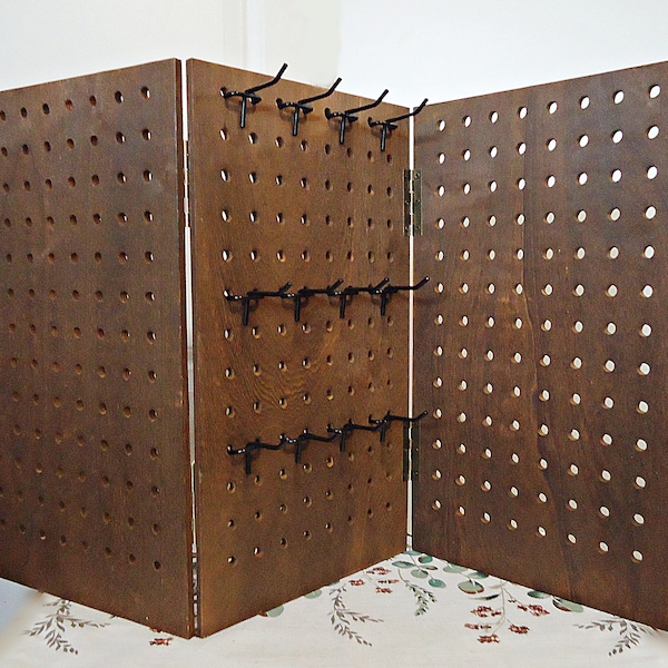 Large Heavy Duty Tri-Fold Display, Wooden, 48 Peg Hooks, Pegboard, Tabletop or Wall Mount, Jewelry, Keychain Display, 27.25" x 16"