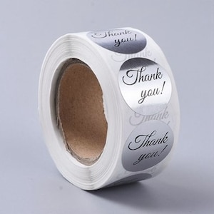 Stickers, 'Thank You', Silver and Black, 1 inch Wide, Packaging, Labels, Bulk quantities