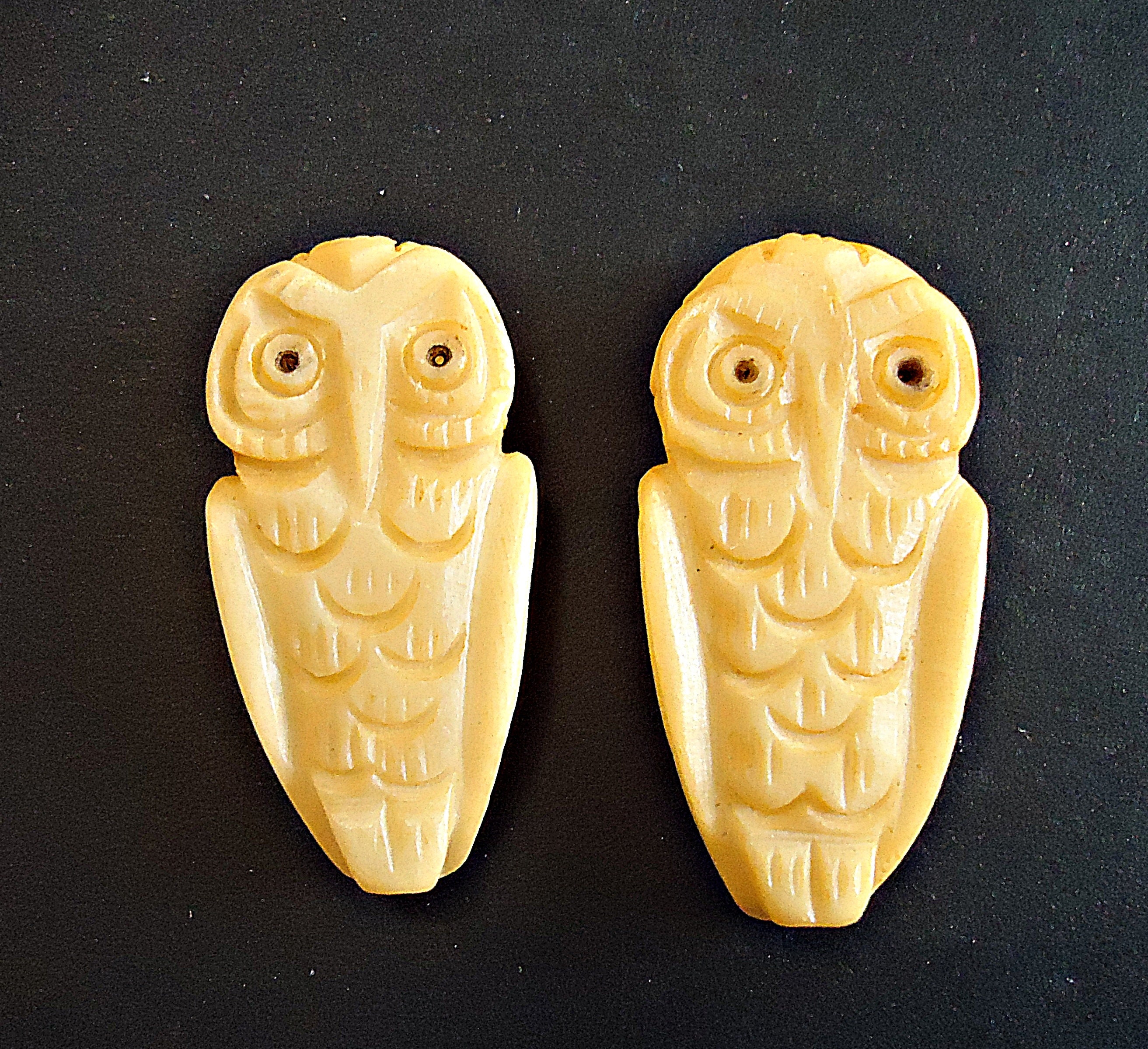 Carved Owl Bead, Carved Bone, Antiqued, 1.25" Tall