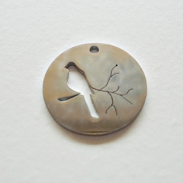 Stainless Steel Bird on Tree Branch Charm Pendant - Laser-cut - 20mm wide