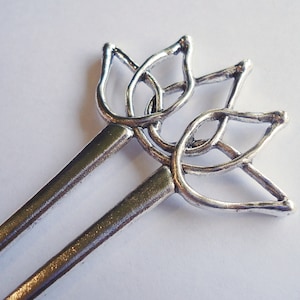 Lotus Flower Hair Fork, Double Hair Stick, Silver Metal, 5.75" Long