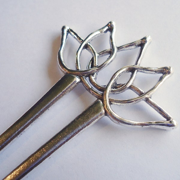 Lotus Flower Hair Fork, Double Hair Stick, Silver Metal, 5.75" Long