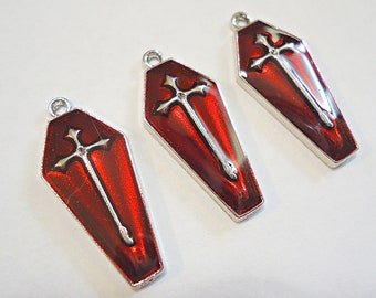 Coffin Charms / Pendants, Enameled Red and Silver or Gold, 26mm Tall, Halloween Theme