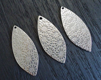 Stainless Steel Marquise Drops, 1.5 " Tall x 5/8" Wide, Stamped Floral Design, Pendant, Silver