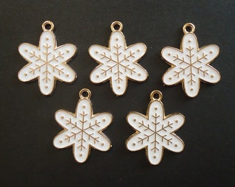 Gold & White Enameled Snowflake Pendants / Charms, Set of 10, 3/4" Wide, Winter, Christmas