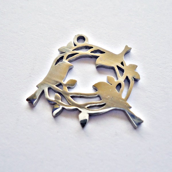 Stainless Steel Bird Nest Pendant with 3 Birds- Laser-cut - 3/4" Tall