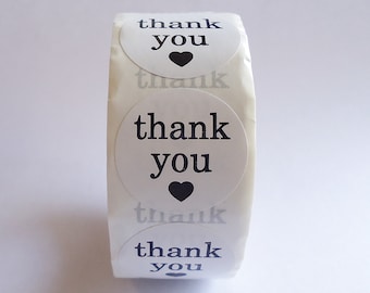 500 Stickers, 'Thank You', Black and White with Heart, 1 inch Wide, Packaging, Labels