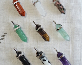 Stone Slider Pendant Double Terminated, Amethyst Tigereye Quartz Fluorite Green Aventurine Rhodonite Zebra Red Kambaba Jasper Obsidian Lapis