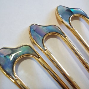 Abalone Double Hair Stick, Hair Fork, Gold, Metal Alloy, Wavy or Horseshoe Shape, 4" and 4.25" Long