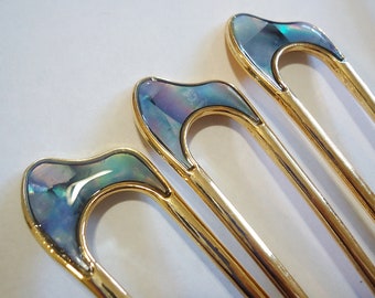 Abalone Double Hair Stick, Hair Fork, Gold, Metal Alloy, Wavy or Horseshoe Shape, 4" and 4.25" Long