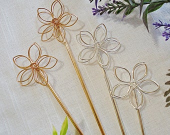 Hair Sticks, Shawl Pins, Wire Wrapped Flowers, 5.25" Long, Silver or Rose Gold