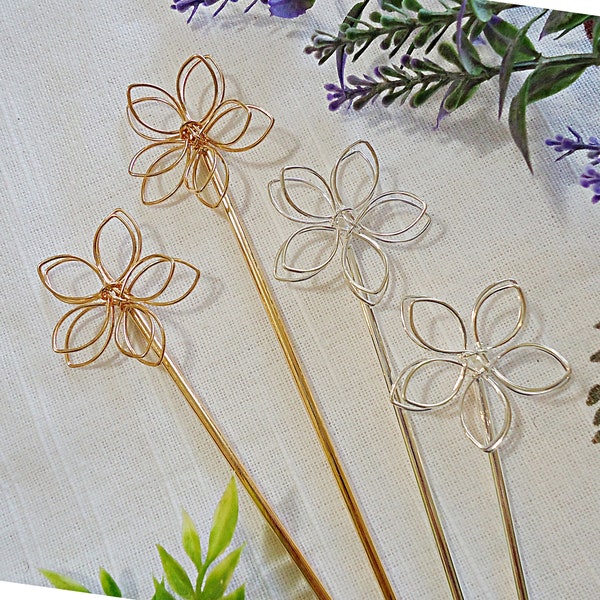 Hair Sticks, Shawl Pins, Wire Wrapped Flowers, 5.25" Long, Silver or Rose Gold