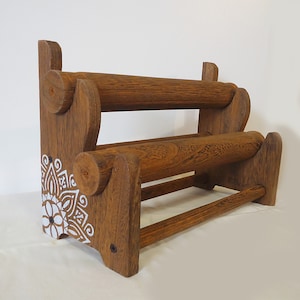 2 Tier Wooden Bracelet Display / Organizer, Natural, Brown, or Weathered Brown, Removable Bars, Plain or Hand-Painted Mandala or Flower