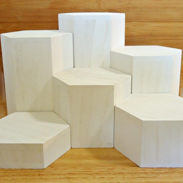 Individual Wooden Hexagon Risers, White, 3.5" Across, 1" - 6" Heights