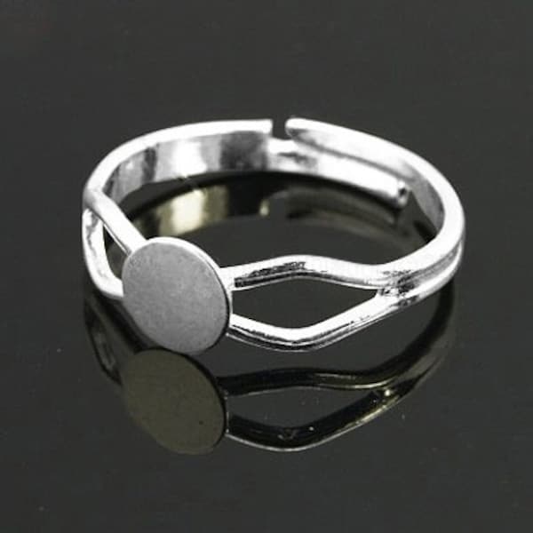 Adjustable Ring Blanks with 6mm Ring Pad, Silver Plated Brass, Bulk Quantities