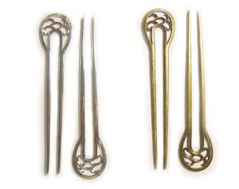 Metal Alloy Hair Sticks Filigree U-Shape Hair Pick, Hair Fork, Antique Silver or Antique Bronze, 6" Long