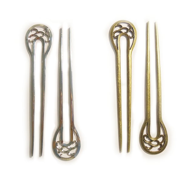 Metal Alloy Hair Sticks Filigree U-Shape Hair Pick, Hair Fork, Antique Silver or Antique Bronze, 6" Long