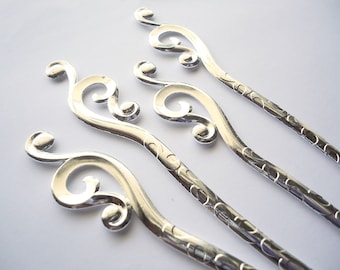 Metal Hair Sticks with Large Swirls - Bright Silver - 6.25" Long