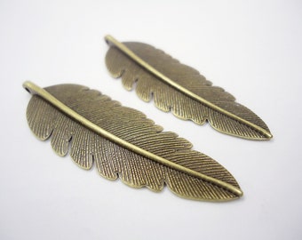 Detailed Metal Feather Pendant in Antique Bronze - 2.25" Long x 3/4" Wide