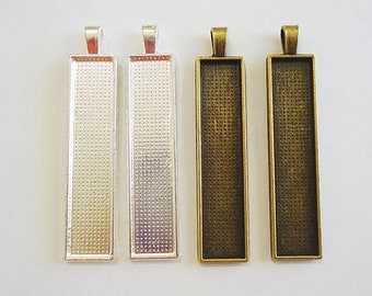 10 Rectangular Bezel Pendant Trays - 2" Long x 1/2" Wide - Silver & Antique Bronze, Integrated Bail