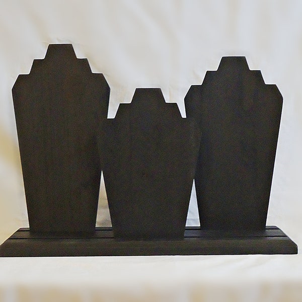 Set of 3 Wooden Necklace Displays with Base Board - 17" Wide, 12" Tall, 11" Tall, 9" Tall, Black Finish