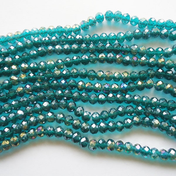 6mm Teal Aqua Sea Green Glass Beads - 6x4mm - 88pcs - 15" strand - AB Plated, Faceted Crystal