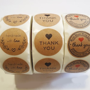 500 Stickers, 1 Inch Wide, Thank You, Handmade with Love, Especially For You, Kraft Brown, Packaging, Labels