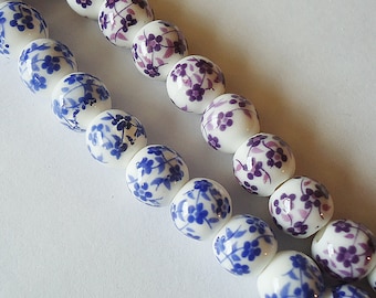 Porcelain Beads - 8mm Round - White Beads with Blue, Purple, Black, or Red Flowers, Set of 10