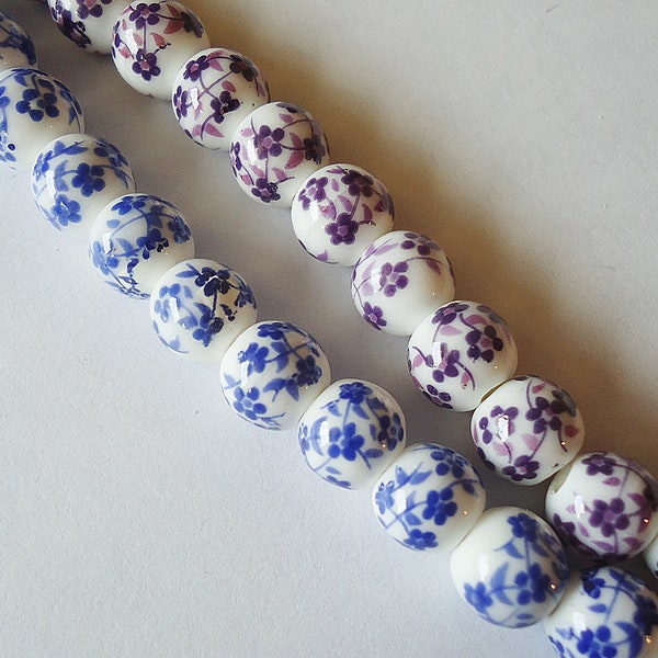 Porcelain Beads - 8mm Round - White Beads with Blue, Purple, or Black Flowers