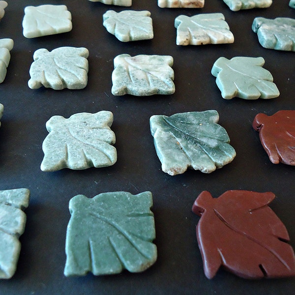 Carved Gemstone Leaf Pendants - Green, White, Brown - 1.25" Tall