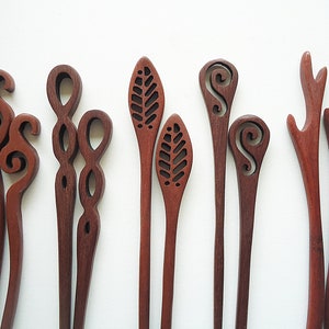 Seven Inch Sturdy Wooden Hair Sticks, Carved, Leaves, Swirls, Antlers, Tendrils, Graduated Circles, Hearts, Open Waves