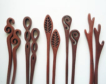 Seven Inch Sturdy Wooden Hair Sticks, Carved, Leaves, Swirls, Antlers, Tendrils, Graduated Circles, Hearts, Open Waves
