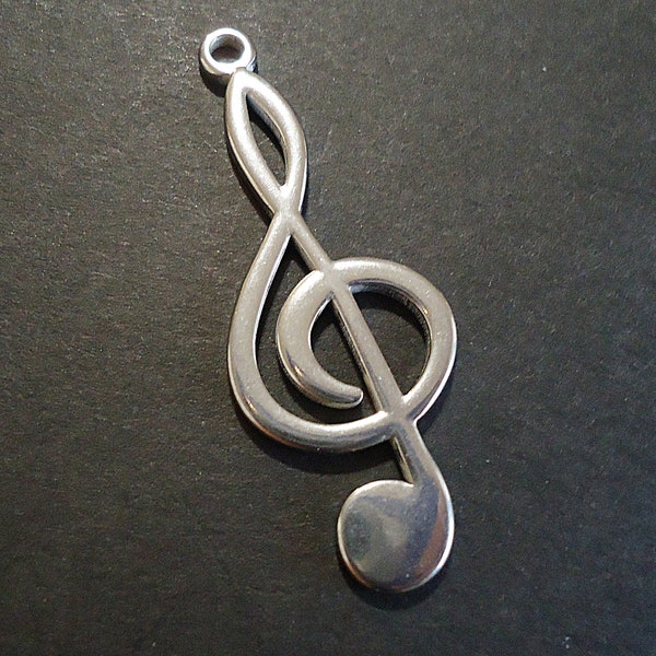 Large Treble Clef Pendant, Stainless Steel, 1.75" Tall, Non-Tarnishing, Hypoallergenic