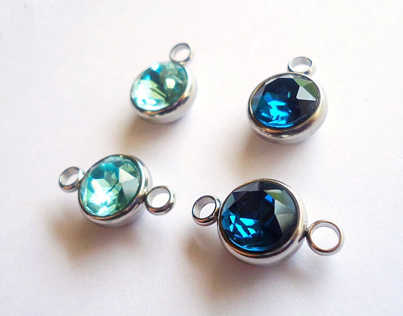 CZ 10mm Set of 12 Pendants and Links Stainless Steel and Cubic Zirconia Sapphire Blue and Aquamarine