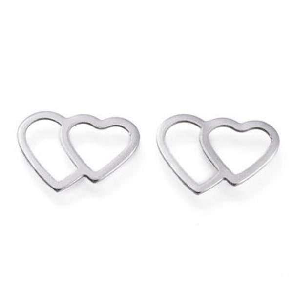 Stainless Steel Double Heart Links / Charms, 13mm x 9.5mm, Set of 20