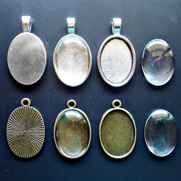 DIY Photo Pendants - Bezel Trays, Glass Cabochons, 18x25mm Oval - Antique Silver or Antique Bronze