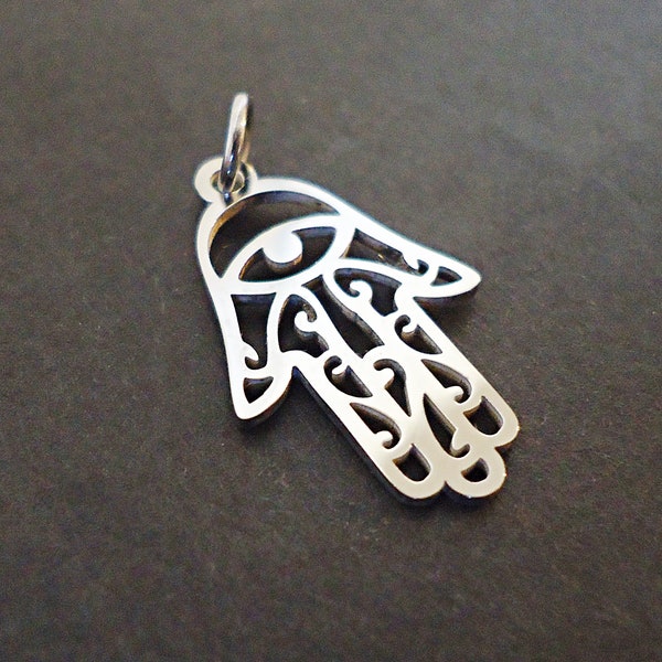 Small Stainless Steel Hamsa Pendant Charm, Fatima, Hand of God, 21mm Tall x 17mm Wide, Silver